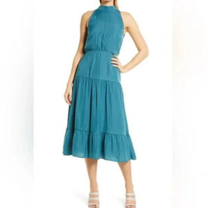 Sam Edelman High Neck Tiered Hem Sleeveless Midi Dress in Industrial Green 2
